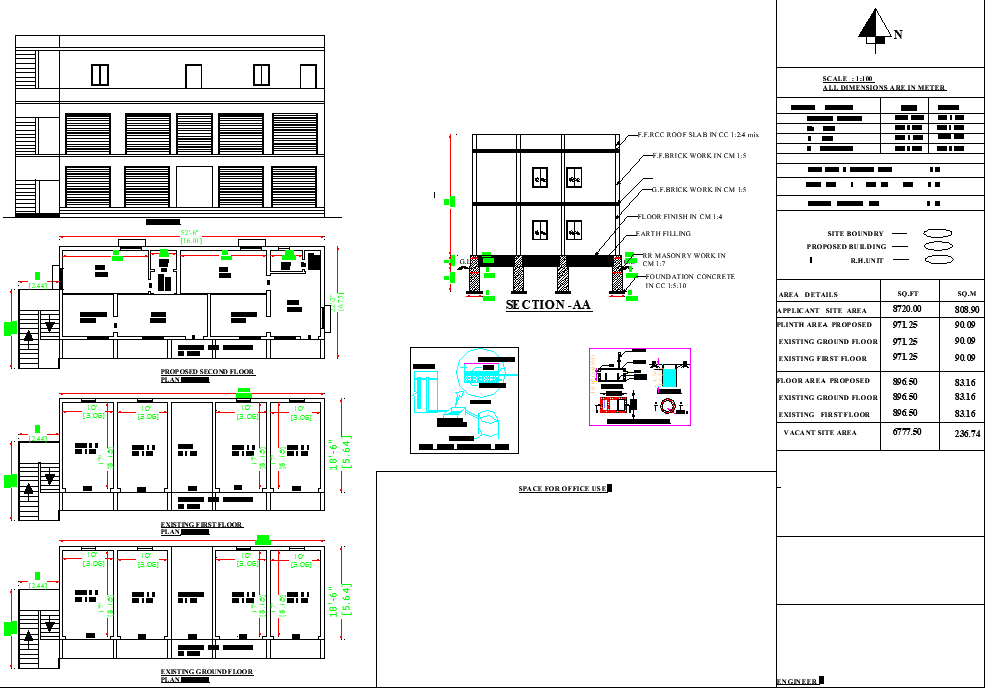 52'6" X 22' G+2 Commercial shop building and the house floor plan is given in this AutoCAD DWG file.Download 2D Autocad Drawing DWG and PDF file.