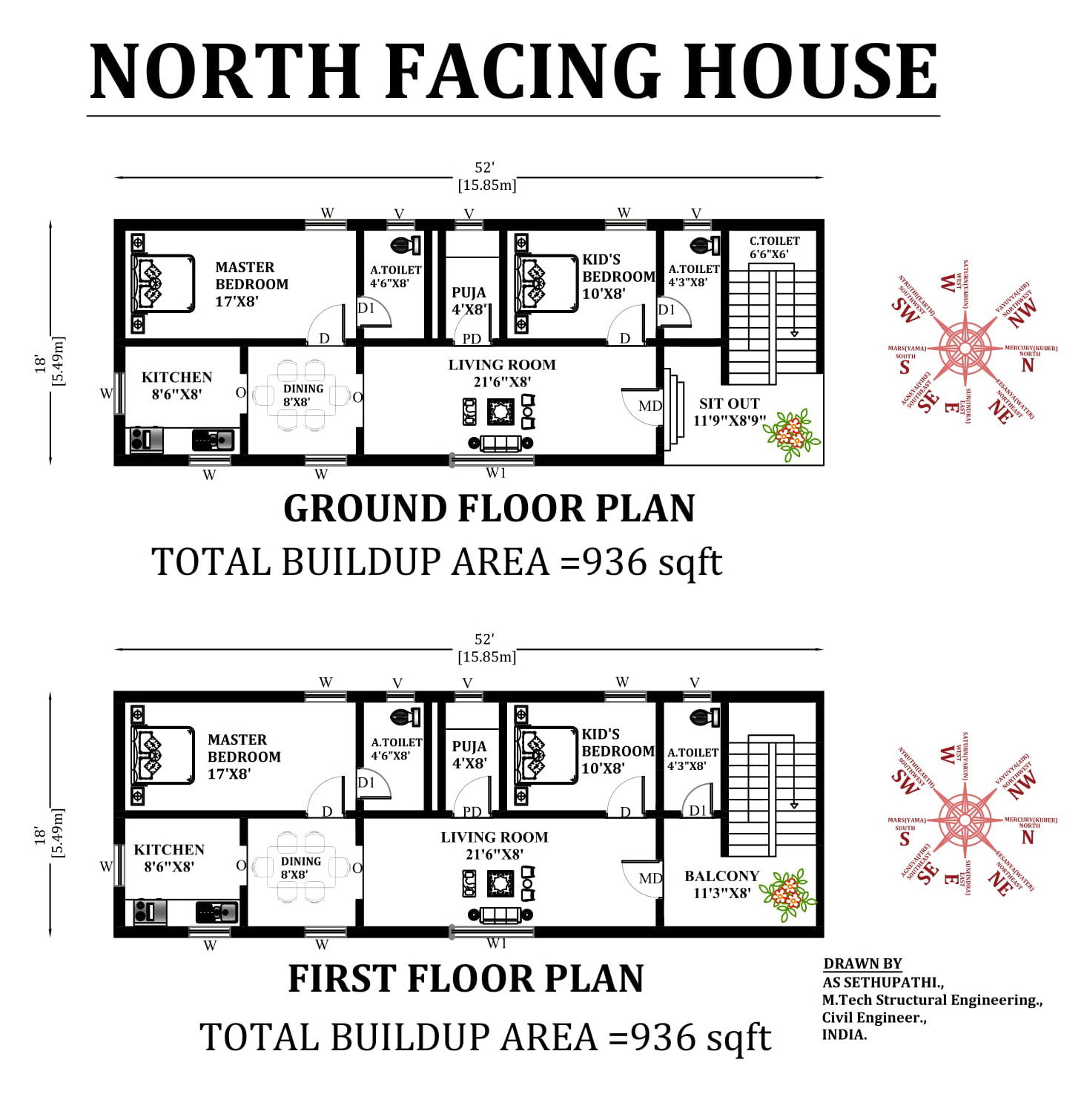 52'X18'North facing 4bhk house plan as per Vastu Shastra. Download free|CADBULL