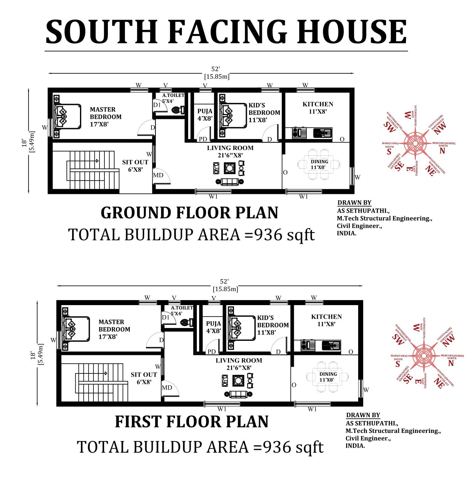 52'X18'South facing 4bhk vastu house plan.Download Now|CADBULL