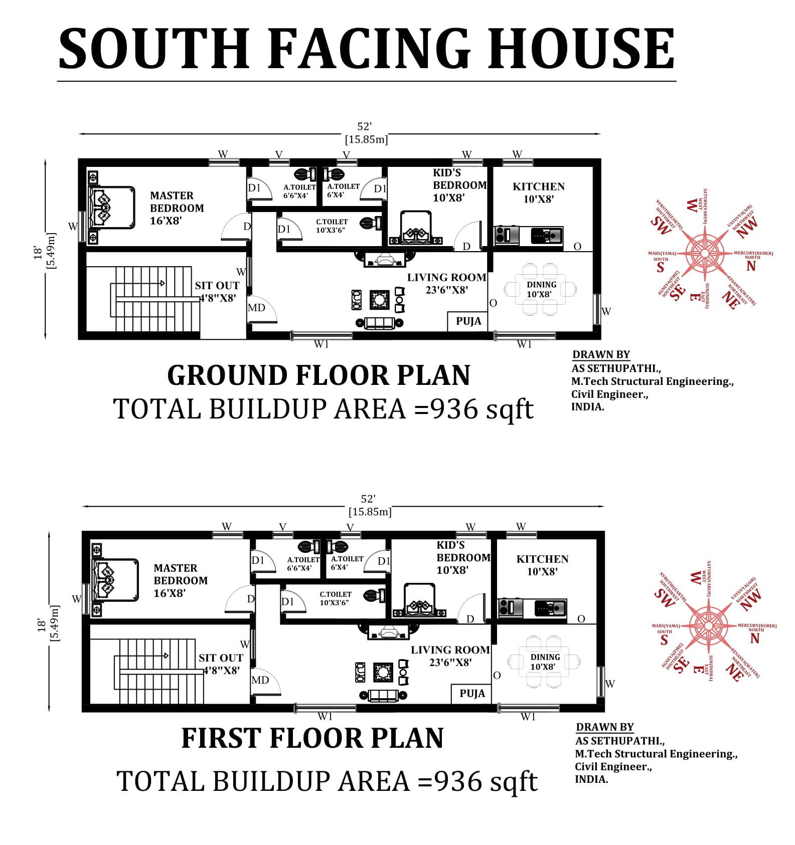 52'X18' South facing Vastu Shastra house plan.Download now free|CADBULL
