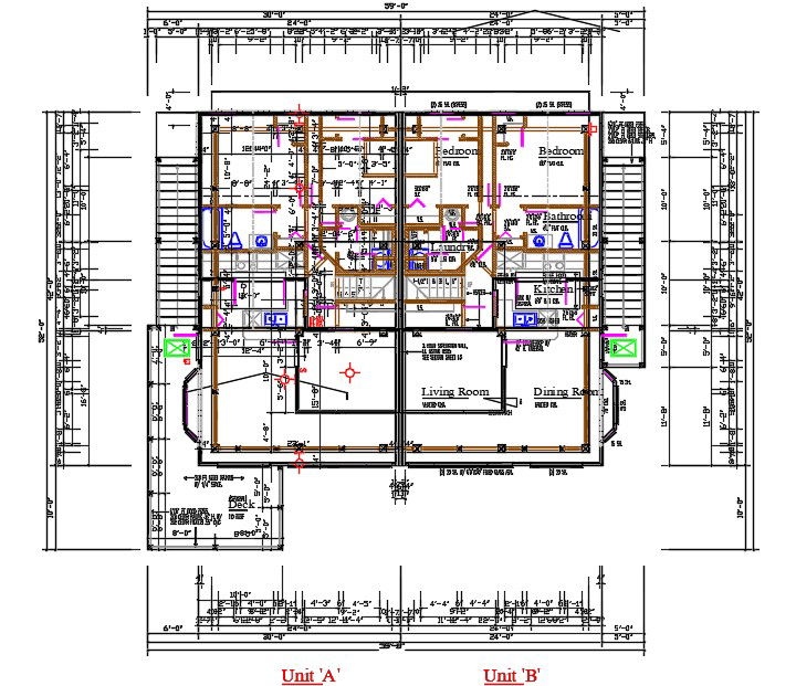52'X60' Joint House 2 BHK Layout Plan Drawing DWG File