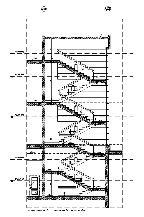 52x37m commercial building of the back side staircase section view has been given in this AutoCAD model. Download now.