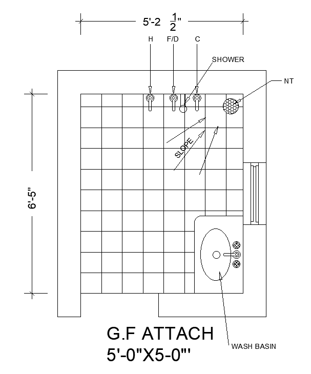 5’2”x6’5” bathroom plan is given in this AutoCAD drawing model. Download now.