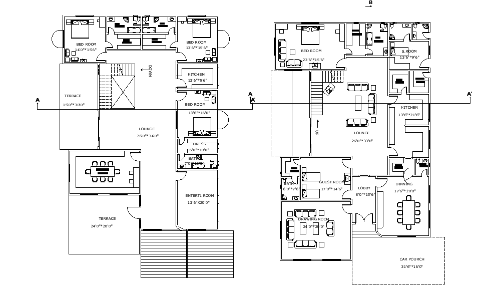 52’x88’ house plan is given in this Autocad drawing file. Download now.