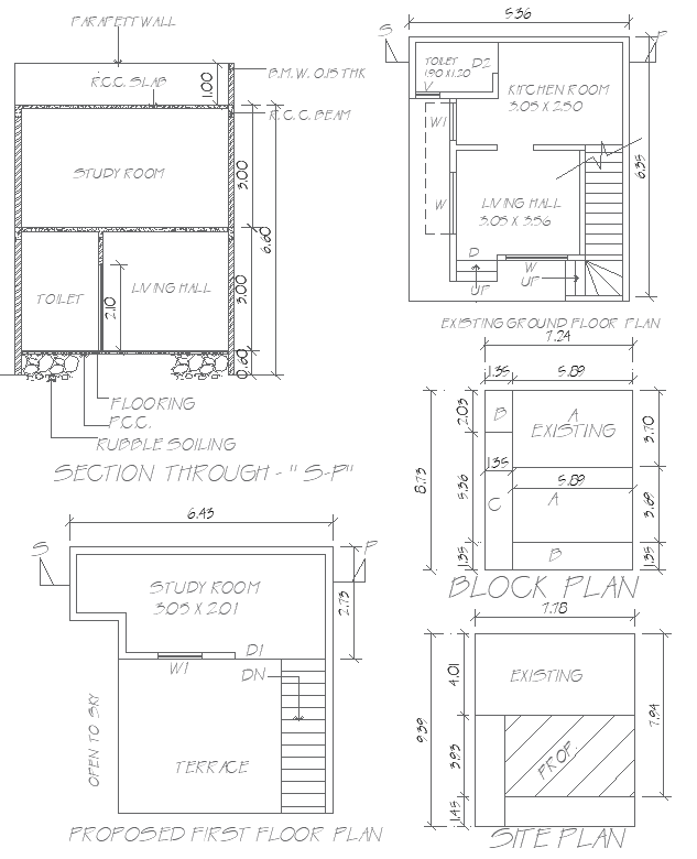 5.36mx6.35m Small Home Layout with Section in DWG File