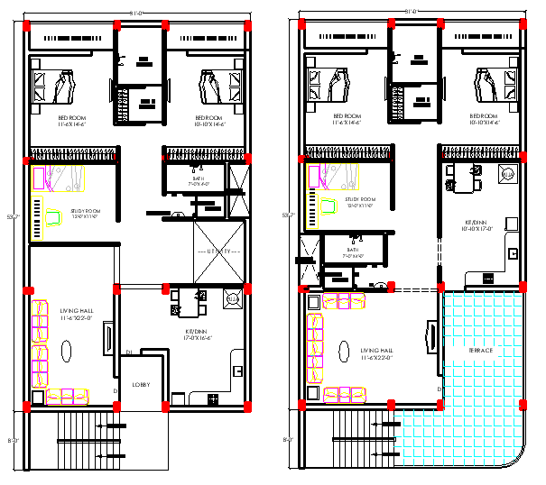 53.7x31 House Plan with Study Room, Terrace, and Utility Area