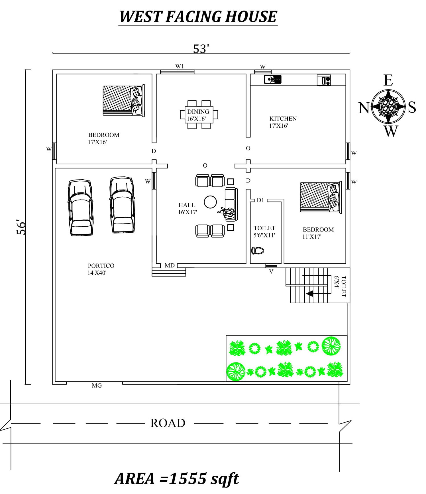 53'X56' Amazing west facing 2bhk house plan as per Vastu Shastra.Autocad DWG and Pdf file details.