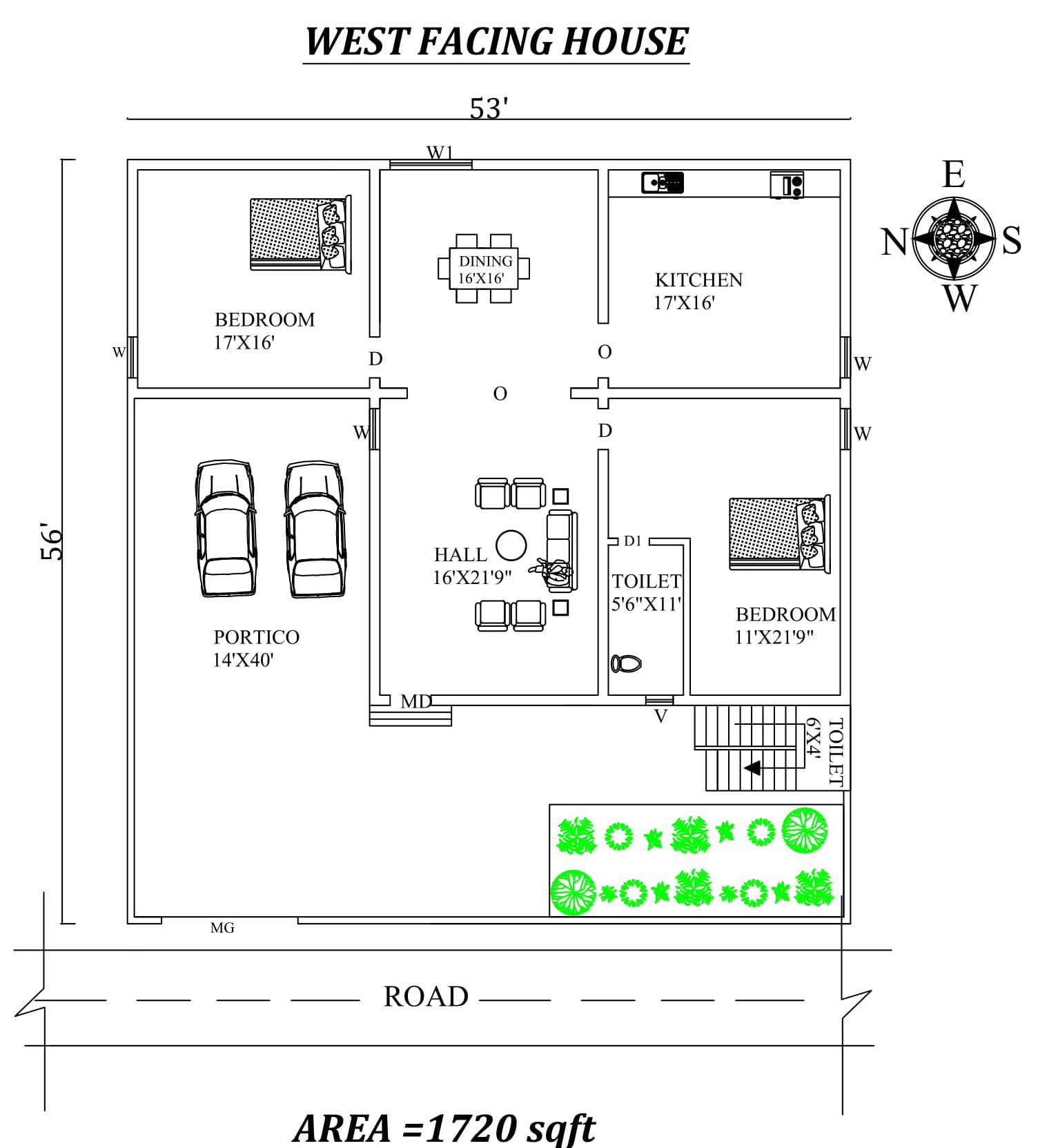53'X56' Marvelous 2bhk West facing House Plan As Per Vastu Shastra. Autocad DWG and Pdf file details.