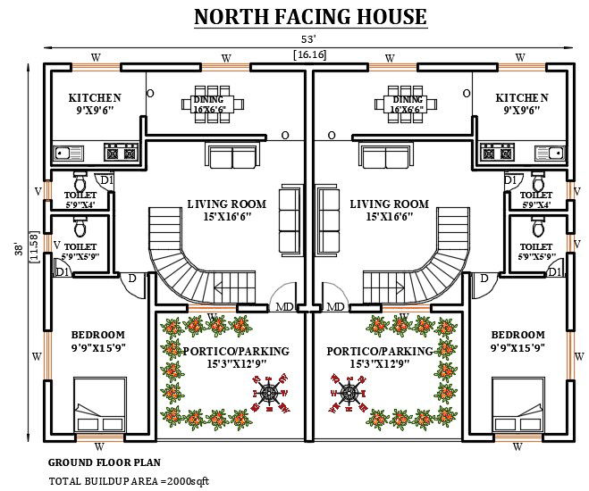 53’x38’ north facing house plan is given in this Autocad drawing file. Download now.
