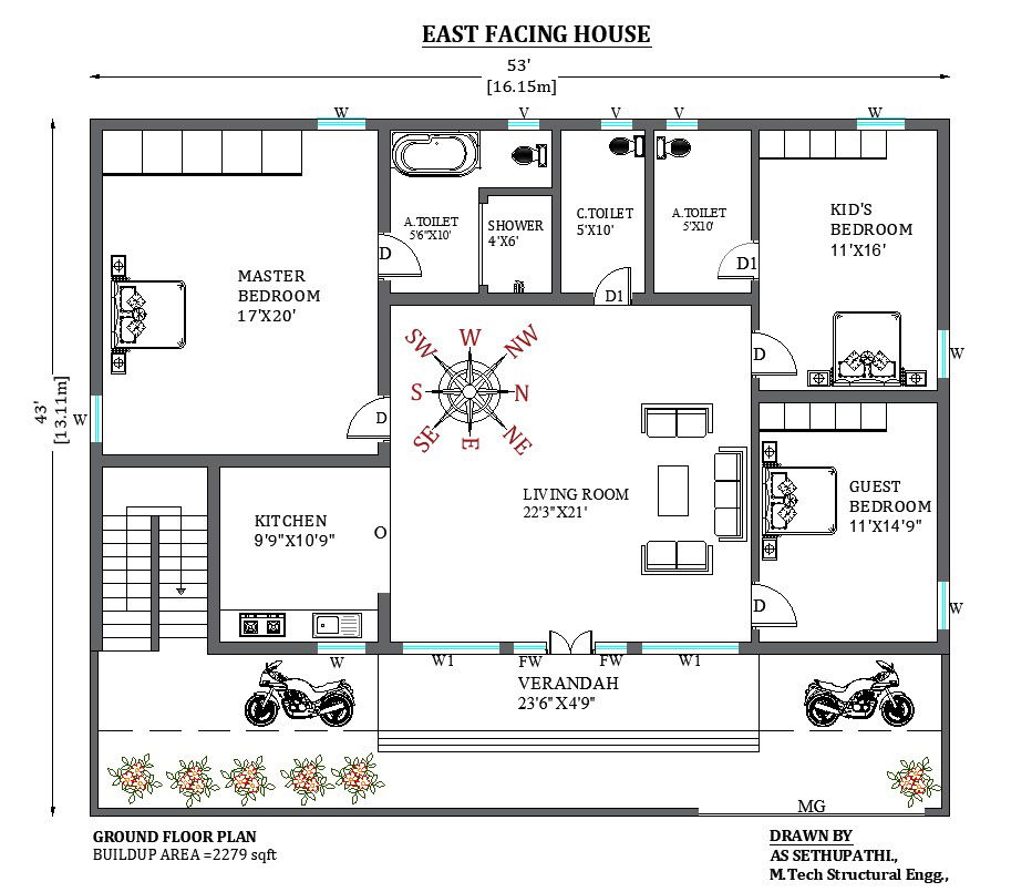 53 x43 East facing 3bhk home design free cad drawing file. Download free 2d cad drawing file.
