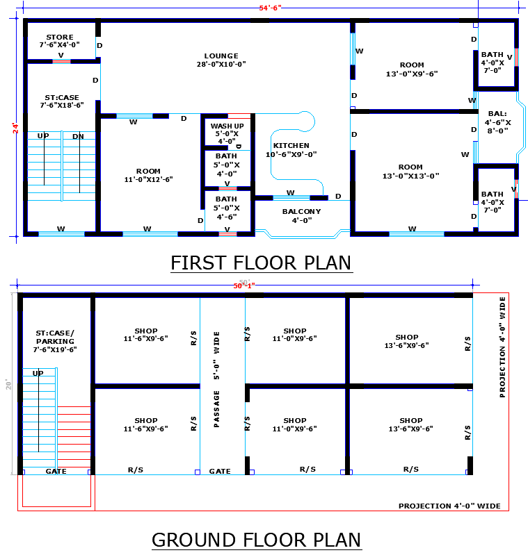 54-6x24 Mixed-Use Building in AutoCAD DWG File with Shops