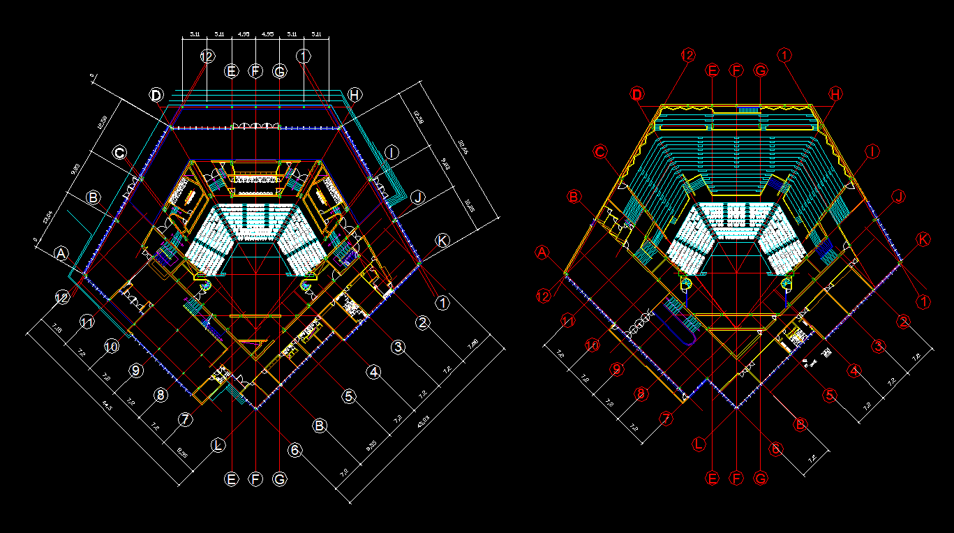 Multiplex CAD Drawing Layout with Floor Plans and Center Line Details