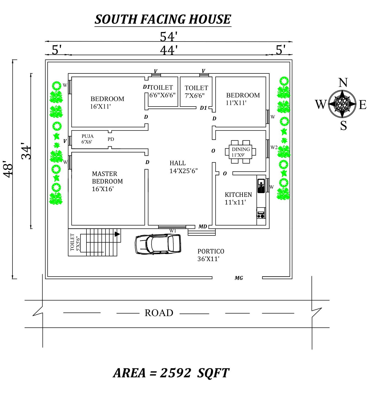 54'X48' 3bhk South facing House Plan As Per Vastu Shastra.Autocad DWG and Pdf file details.