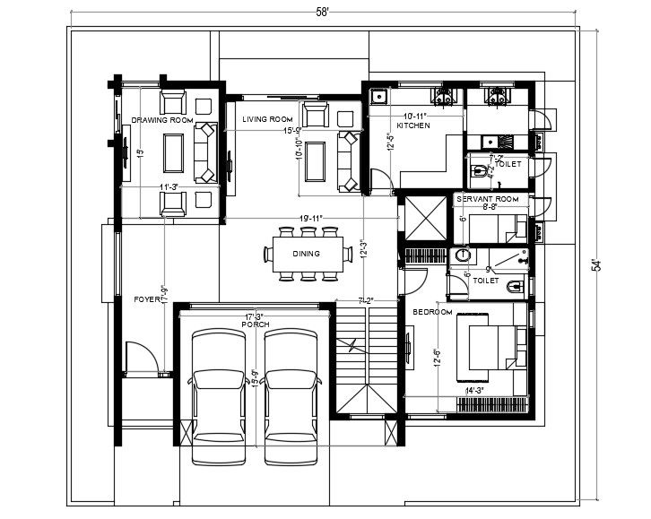 54'X58' House Furniture Layout Plan CAD Drawing DWG File