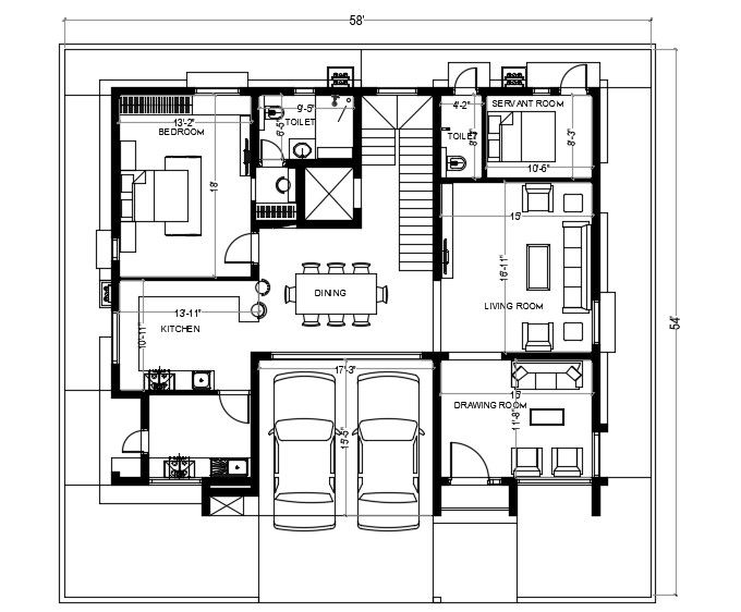 54'X58' House Ground Floor Plan AutoCAD Drawing DWG File