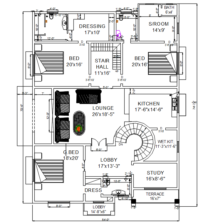 54'X74' House Layout Plan AutoCAD Drawing DWG File