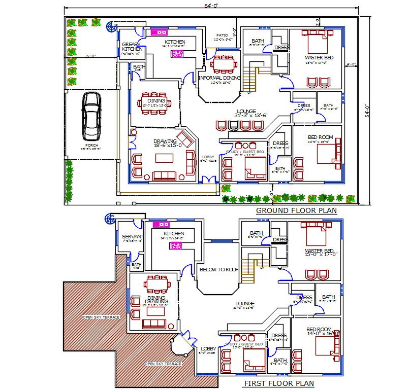 54'X84' House Ground Floor And First Floor Plan With Furniture Layout Drawing DWG File
