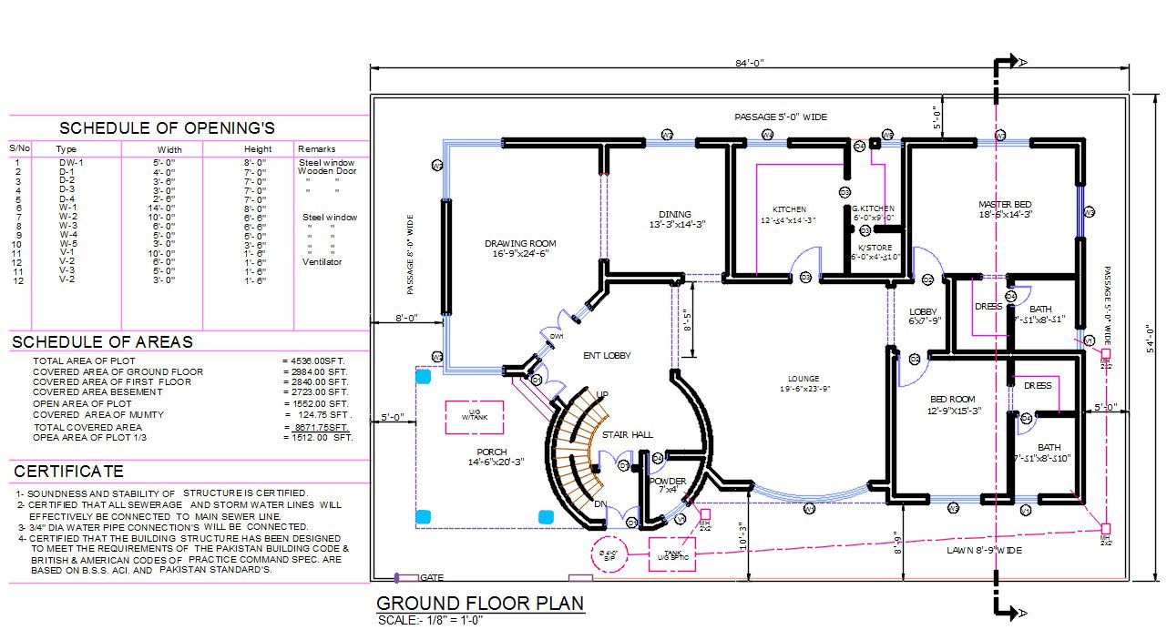54' X 84' House Layout Plan With Total Area SQFT Schedule