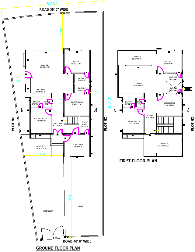 54x120 Feet Two Story House Plan in AutoCAD Format