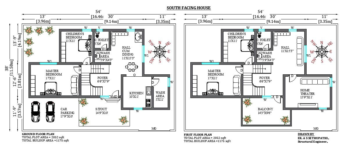 54’x38’ G+1 South facing house plan. Download the free 2D Autocad drawing file.