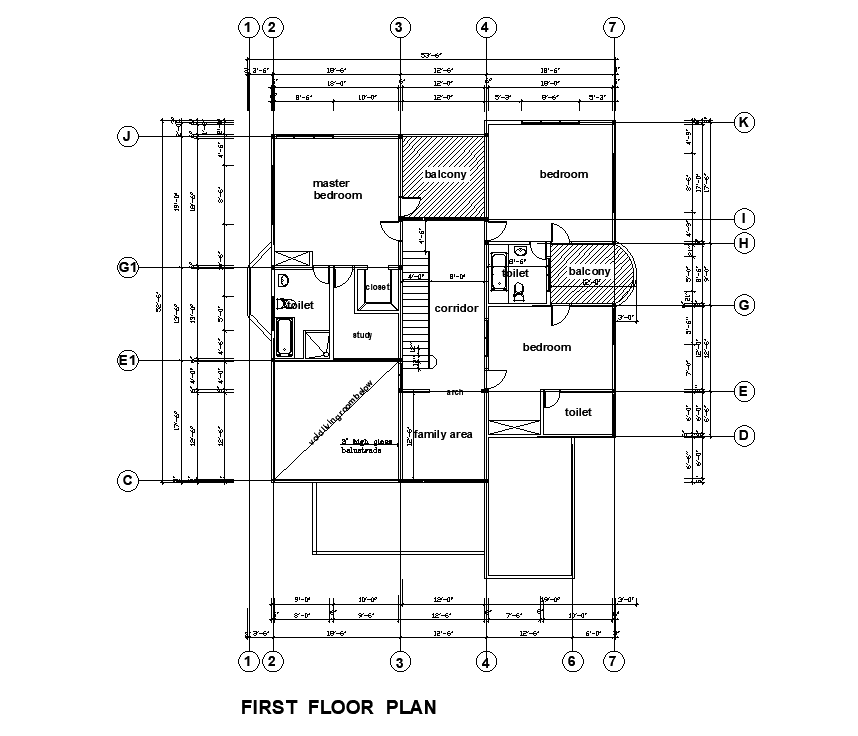 54’x54’ first floor house plan is given in this Autocad drawing file. Download now.