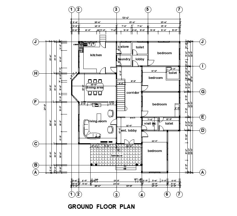 54’x54’ ground floor house plan is given in this Autocad drawing file. Download now.