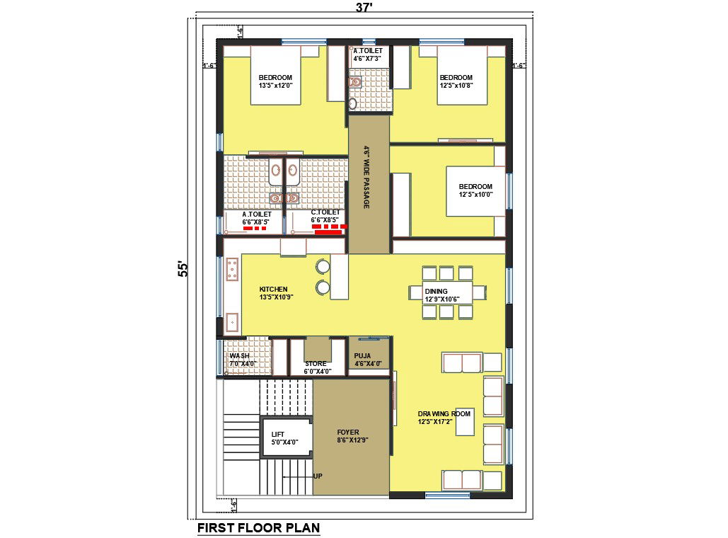 55'X 37' Presentable Bungalow First Floor Plan AutoCAD Drawing