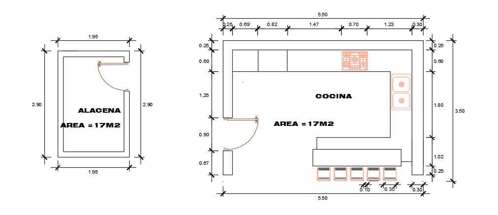 5500x3500mm kitchen plan 2d AutoCAD drawing is given in this file