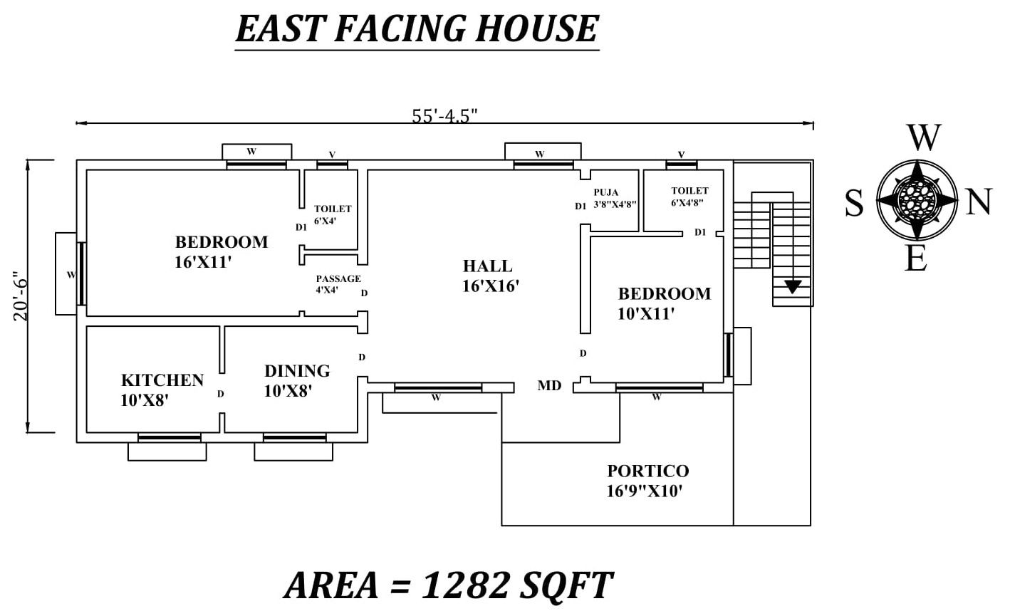 55'5"x20'6" The Perfect 2bhk East facing House Plan As Per Vastu Shastra.Autocad DWG and Pdf file details.