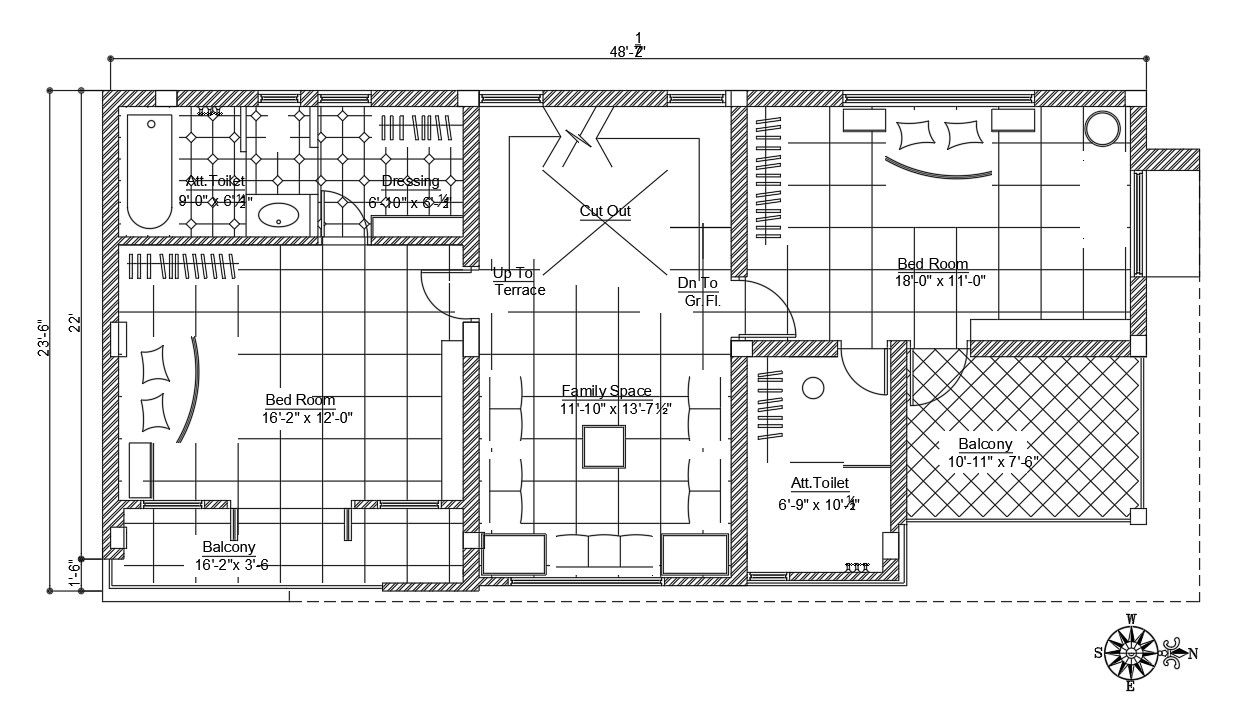 55’x22’ first floor residential plan is given in this Autocad drawing file.Download the Autocad model.