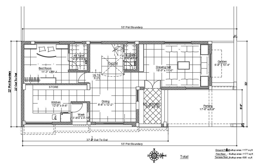 55’x22’ residential plan is given in this Autocad drawing file.Download now.