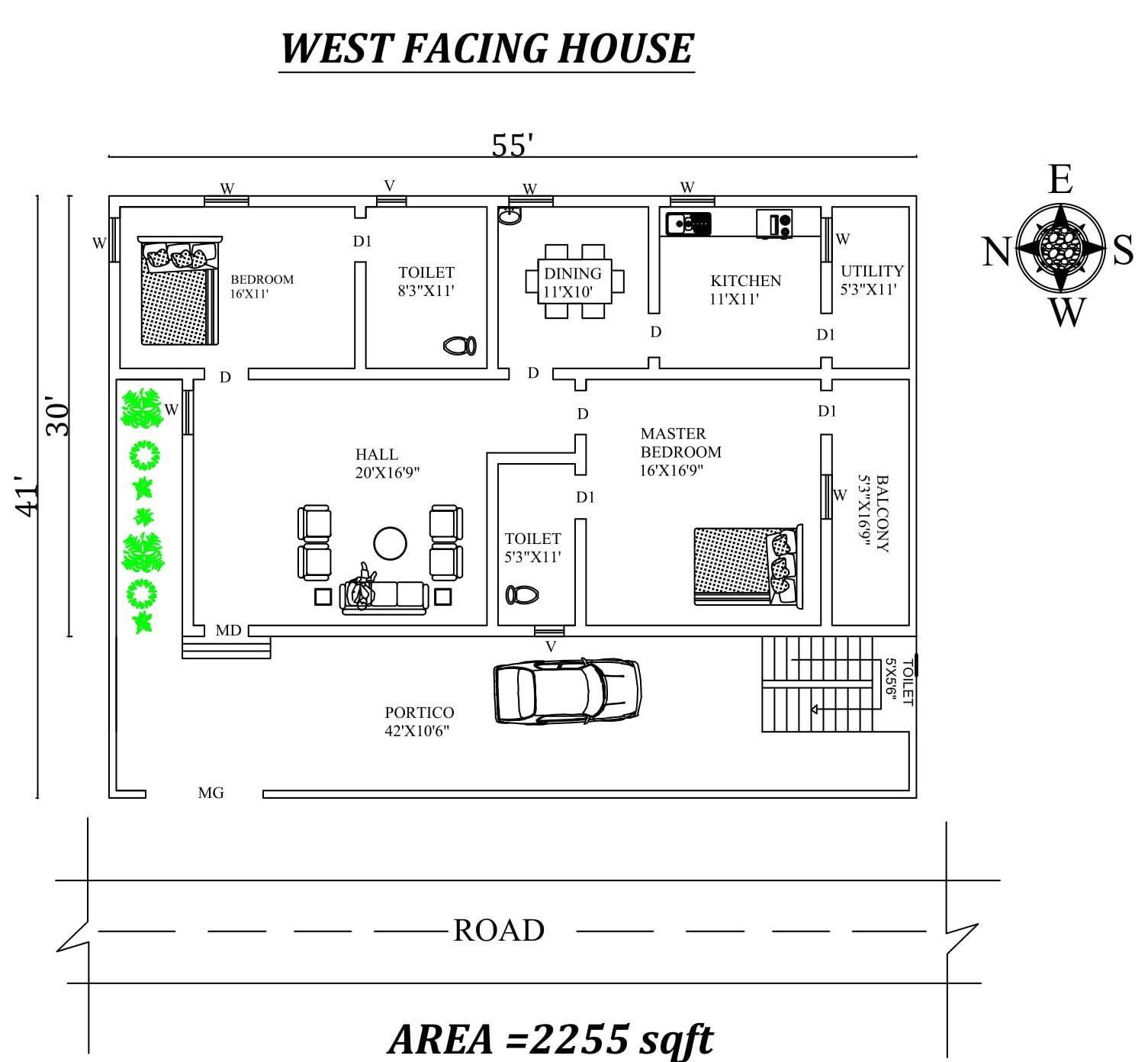 55'x41' 2 BHK West Facing House Plan As Per Vastu Shastra,Autocad DWG and PDF file details.
