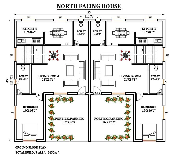 55’x45’ north facing house plan is given in this Autocad drawing file. Download the Autocad file.