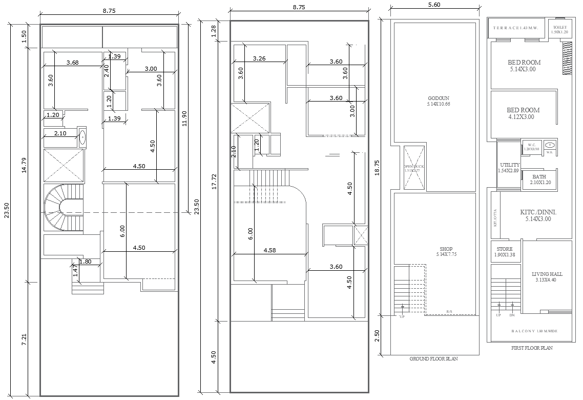 5.60mx8.75m House Layout in DWG with Shop and Storage