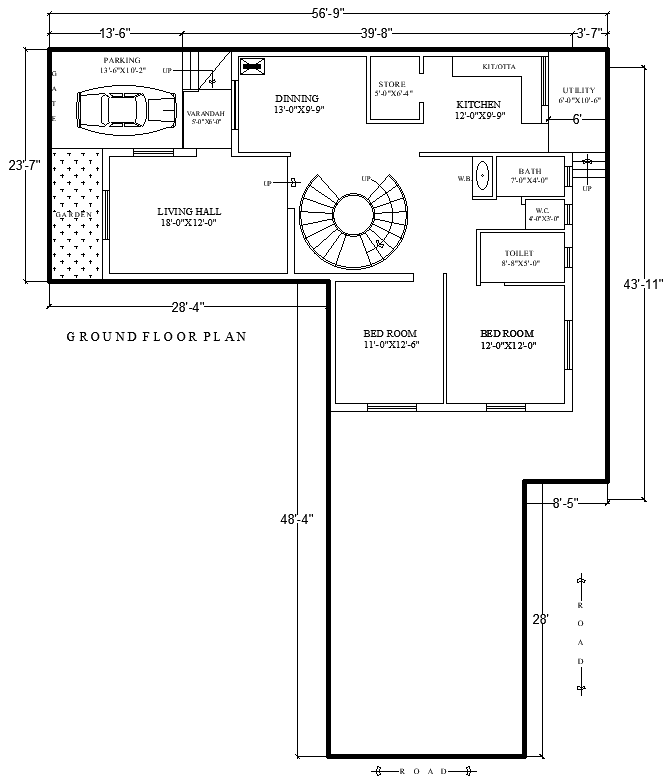 2BHK 56.9ftx43.11ft Ground Floor House Plan in DWG File
