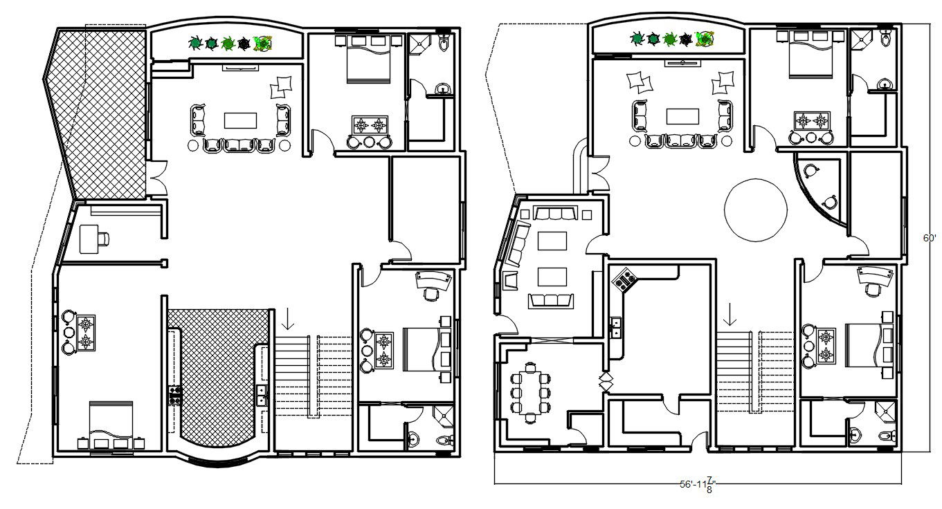 56' X 60' Architecture bungalow Furniture Layout Plan AutoCAD File