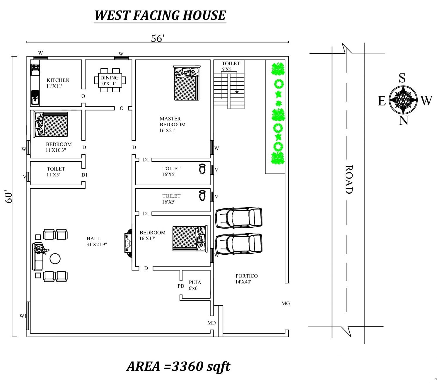 56'X60' Fully Furnished 3bhk West facing House Plan As Per Vastu Shastra,Autocad DWG and Pdf file details.