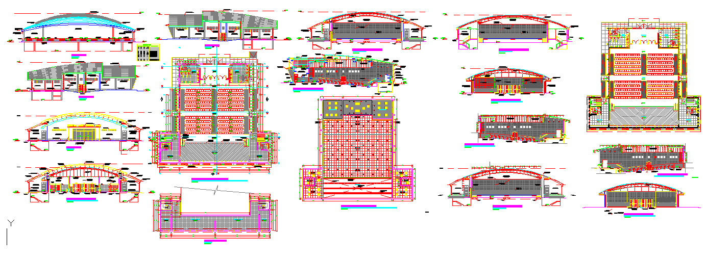 Auditorium DWG Design Plan with Stage, Seating and Elevation Details