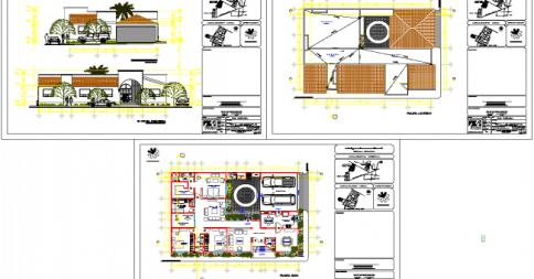 Residence Villa 2d CAD Drawing with Floor Plans and Rendered Elevation