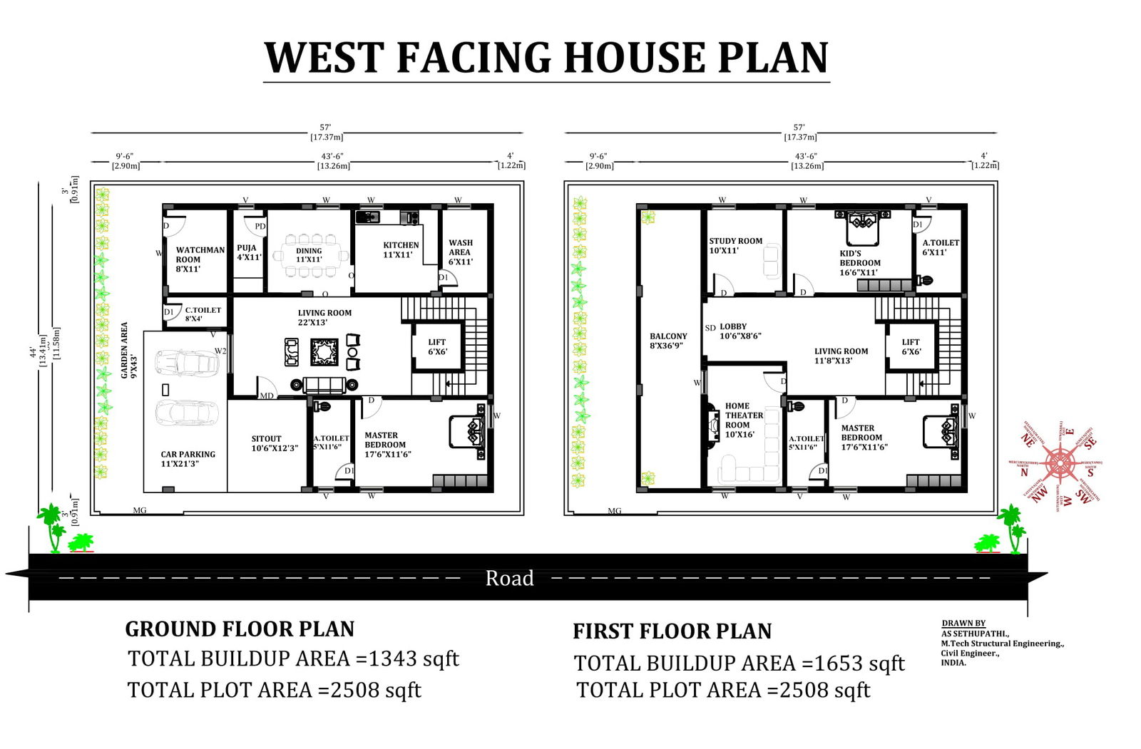 57'X44' Beautiful West facing 3bhk duplex house plan with the furniture as per Vastu Shastra.Download Autocad DWG and PDF file.