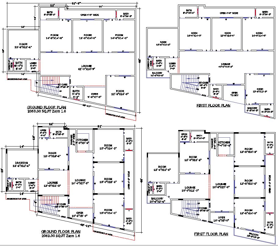 57x46 Double-Storey House DWG Plan with Lounge and Bath