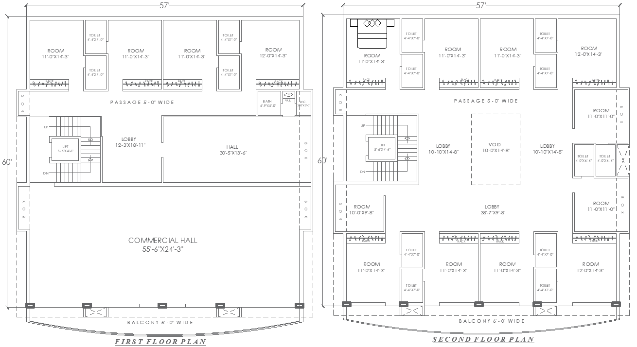 57ft x 60ft First and Second Floor Hotel Layout Design – AutoCAD DWG 