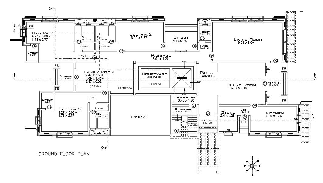 57x23m ground floor luxury villa plan is given in this AutoCAD drawing model. Download now.