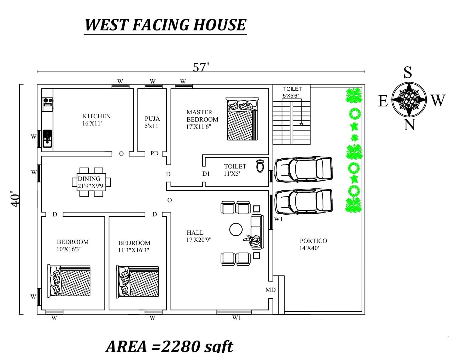  57'x40' Marvelous 3bhk West facing House Plan As Per Vastu Shastra, Autocad dwg file details