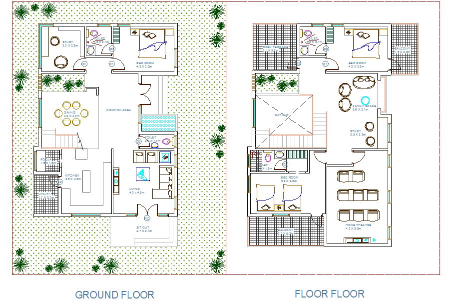 Duplex House Plan DWG with Ground and First Floor Layout Design