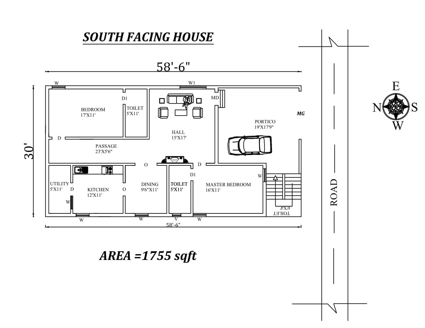 58'6"X30' 2bhk Awesome South facing House Plan As Per Vastu Shastra.Autocad DWG and Pdf file details.