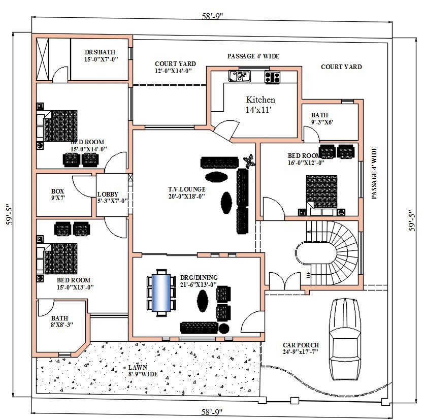 58,9x59,5 AutoCAD 2D House Plan with Furniture Layout