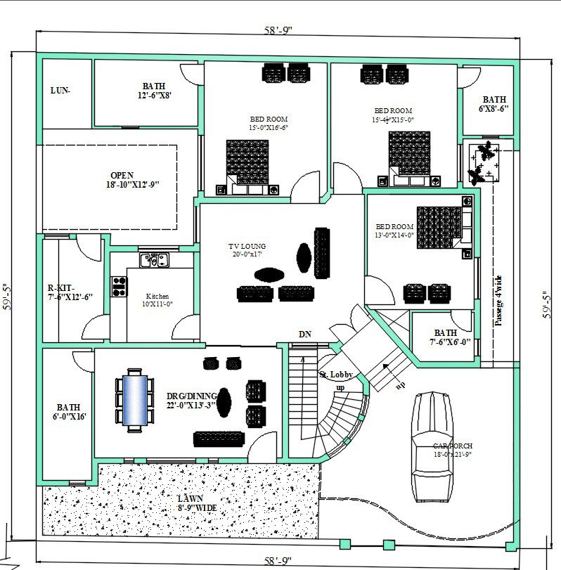 Detailed 58,9x59,5 House Floor Plan AutoCAD CAD File