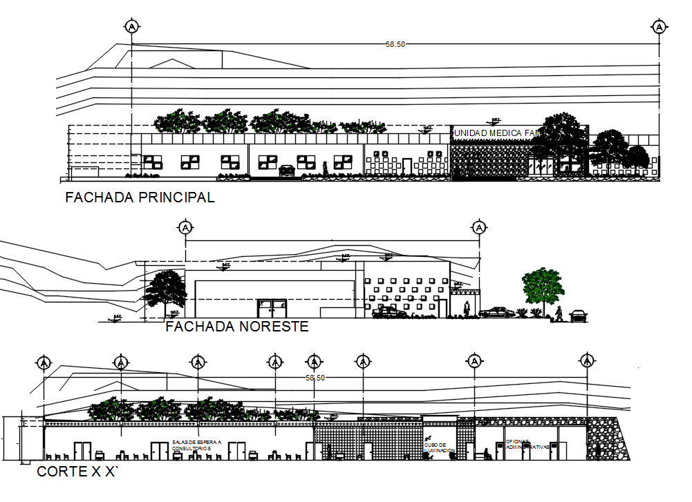 58X34 Meter Hospital Building Sectional Elevation Design Download DWG File
