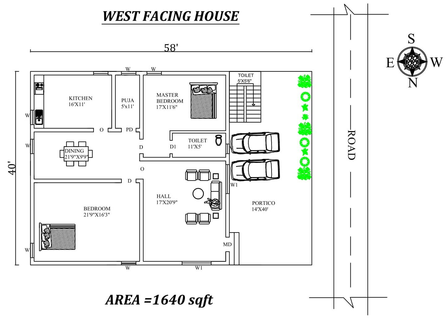 58'X40' Marvelous 2bhk West facing House Plan As Per Vastu Shastra. Autocad DWG and Pdf file details.